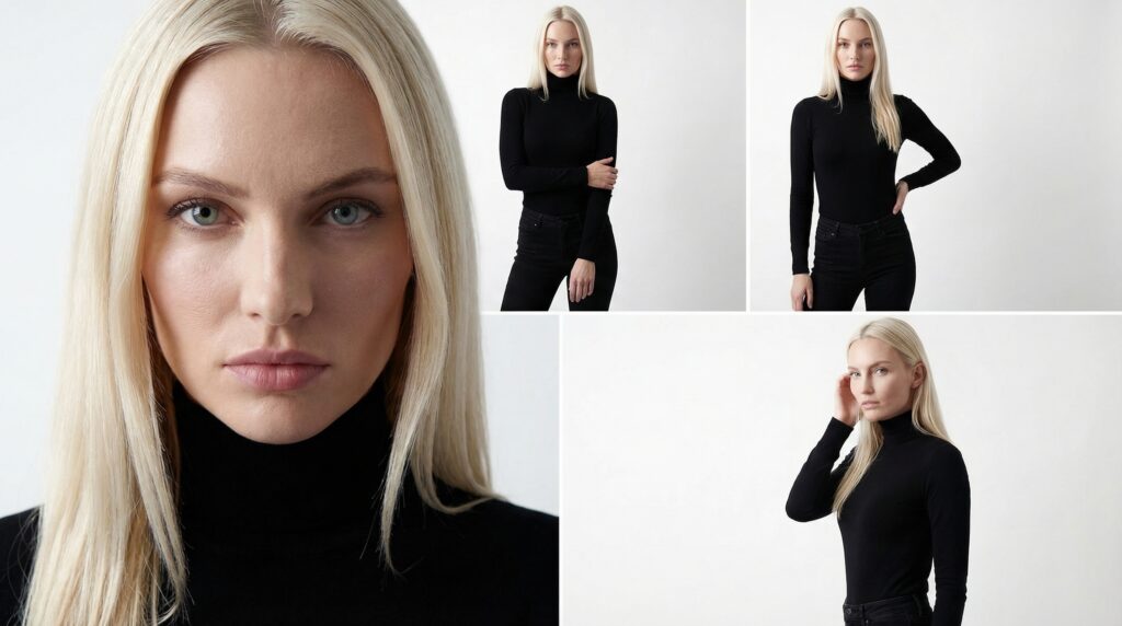 Collage fotografico con modella bionda che indossa dolcevita nero su sfondo chiaro. Grande ritratto frontale in primo piano con sguardo diretto verso la camera.