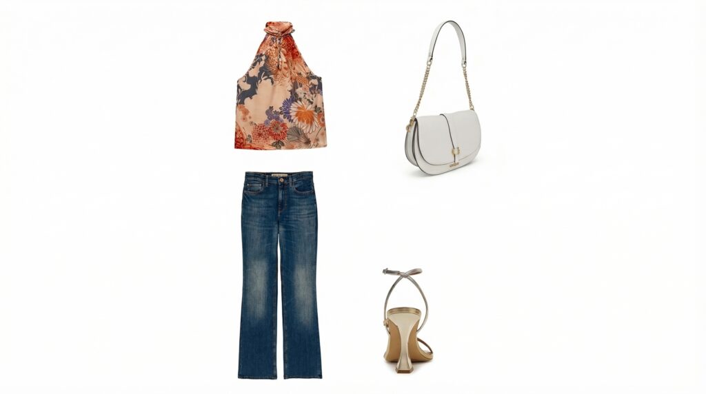 Composizione di prodotti moda su sfondo chiaro con top floreale, jeans blu, borsa bianca e sandalo beige disposti separatamente. Rappresentazione degli elementi utilizzati per un sistema di virtual try-on.