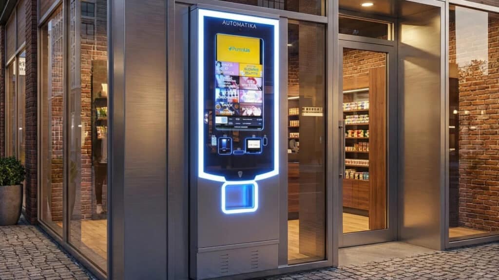 Rendering 3D pubblicitario di un vending machine per presentazione commerciale