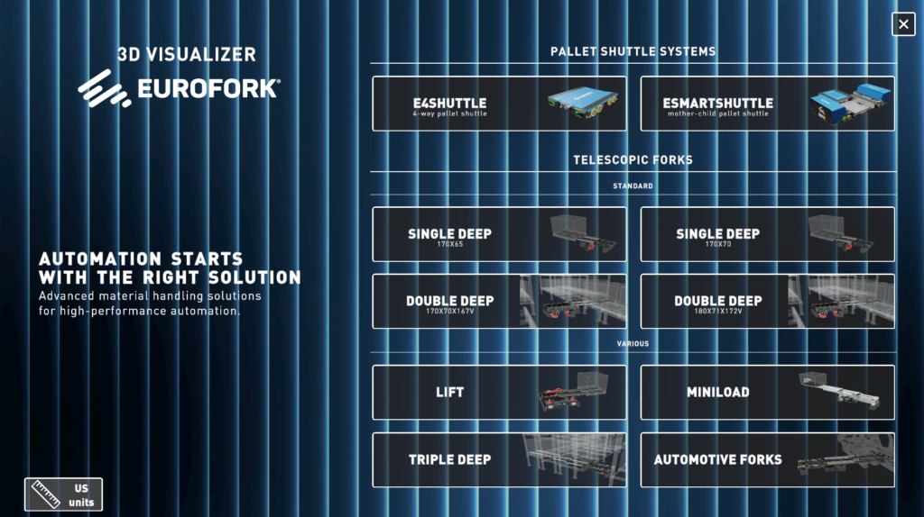 3d visualizer Configuratore 3D interattivo Eurofork utilizzato su totem fieristico a LogiMAT 2026 per la presentazione immersiva di prodotti di intralogistica e automazione