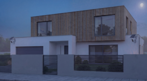 Villa moderna di lusso di notte, architettura minimale con grandi vetrate, illuminazione soffusa e pulita, atmosfera elegante e sicura, stile pubblicitario cinematografico, contesto sorveglianza domestica, look realistico ad alta definizione.