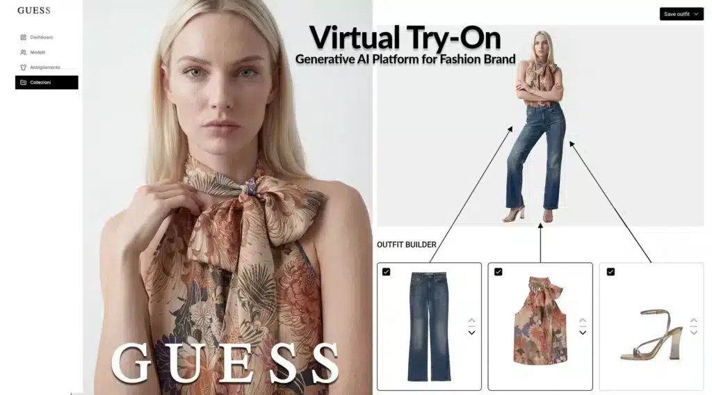 Interfaccia digitale per Virtual Try-On con layout diviso in due sezioni. A sinistra primo piano di una modella bionda che indossa top floreale con fiocco al collo. A destra area “Create Outfit” con figura intera della modella che indossa jeans, top e sandali. Sotto, sezione “Outfit Builder” con tre schede prodotto selezionate: jeans, top floreale e sandali, collegate alla modella da frecce illustrative. Menu laterale con voci Dashboard, Modelli, Abbigliamento e Collezioni evidenziata. Titolo sovrapposto in basso: “Virtual Try-On GUESS”. Elegante dimostrazione di configuratore moda online.