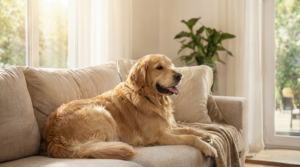 Sistema di sorveglianza smart home, vista della casa su interfaccia mobile mentre il proprietario è al lavoro, cane visibile e tranquillo all’interno dell’abitazione, split tra ufficio e feed video, sensazione di controllo e sicurezza, stile pubblicitario premium tecnologico.