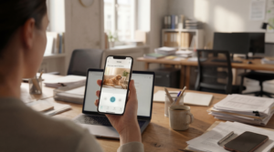 Sistema di sorveglianza smart home, vista della casa su interfaccia mobile mentre il proprietario è al lavoro, cane visibile e tranquillo all’interno dell’abitazione, split tra ufficio e feed video, sensazione di controllo e sicurezza, stile pubblicitario premium tecnologico.