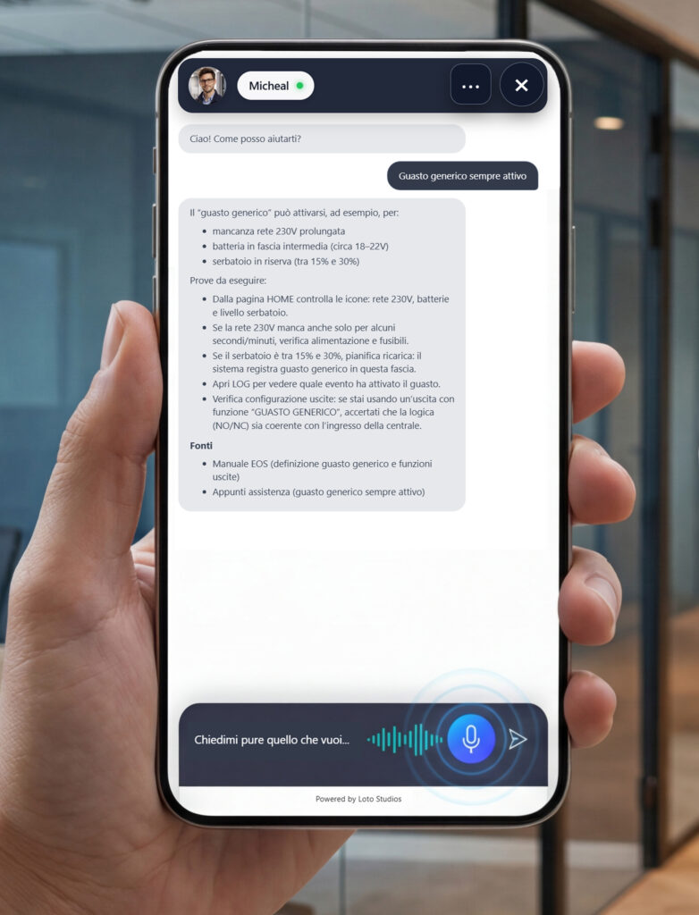 Interfaccia promozionale di “Aura Sicurezza” di Teknofog Srl, con design minimal nero e verde acqua. A sinistra il logo Aura Sicurezza e i partner tecnologici AWS, Loto Studios e OpenAI. A destra un assistente virtuale AI chiamato “Michael” con chat attiva che fornisce supporto tecnico su batterie e sistemi di sicurezza, mostrato all’interno di un widget moderno.