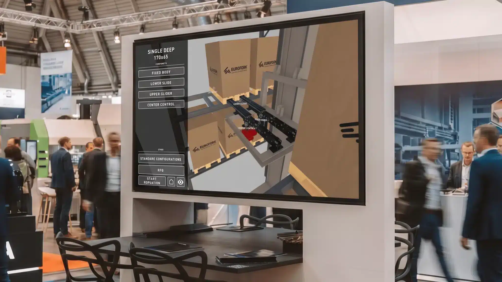 Configuratore 3D interattivo Eurofork utilizzato su totem fieristico a LogiMAT 2026 per la presentazione immersiva di prodotti di intralogistica e automazione