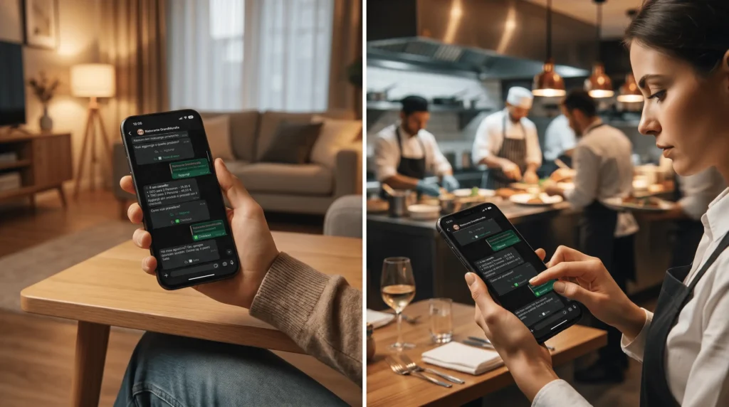 hf_20260429_141716_68bb51d2-0093-424c-8559-aef41d3e1c4e Cameriera in un ristorante durante il servizio mentre utilizza uno smartphone per prendere nota di un ordine da inviare alla cucina; la scena è dinamica, con personale e attività di cucina sullo sfondo