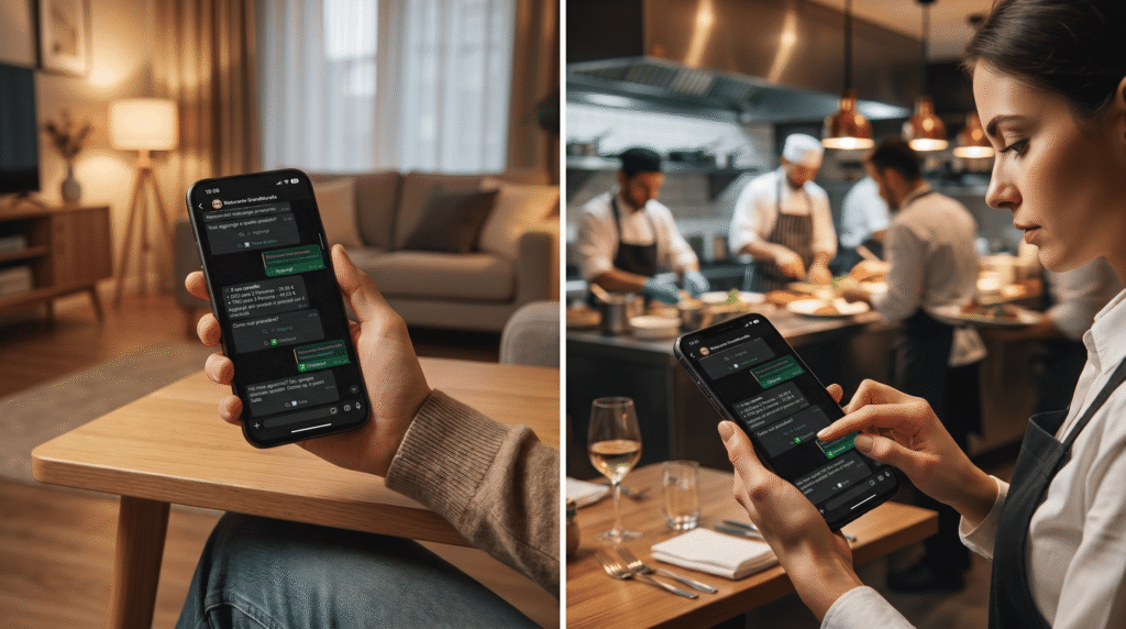 Cameriera in un ristorante durante il servizio mentre utilizza uno smartphone per prendere nota di un ordine da inviare alla cucina; la scena è dinamica, con personale e attività di cucina sullo sfondo