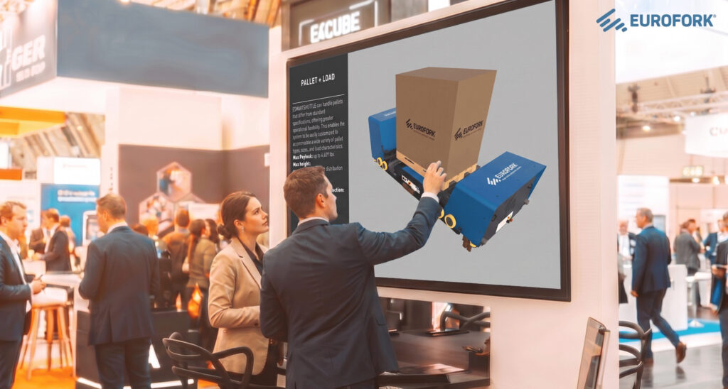 Configuratore 3D interattivo Eurofork utilizzato su totem fieristico a LogiMAT 2026 per la presentazione immersiva di prodotti di intralogistica e automazione