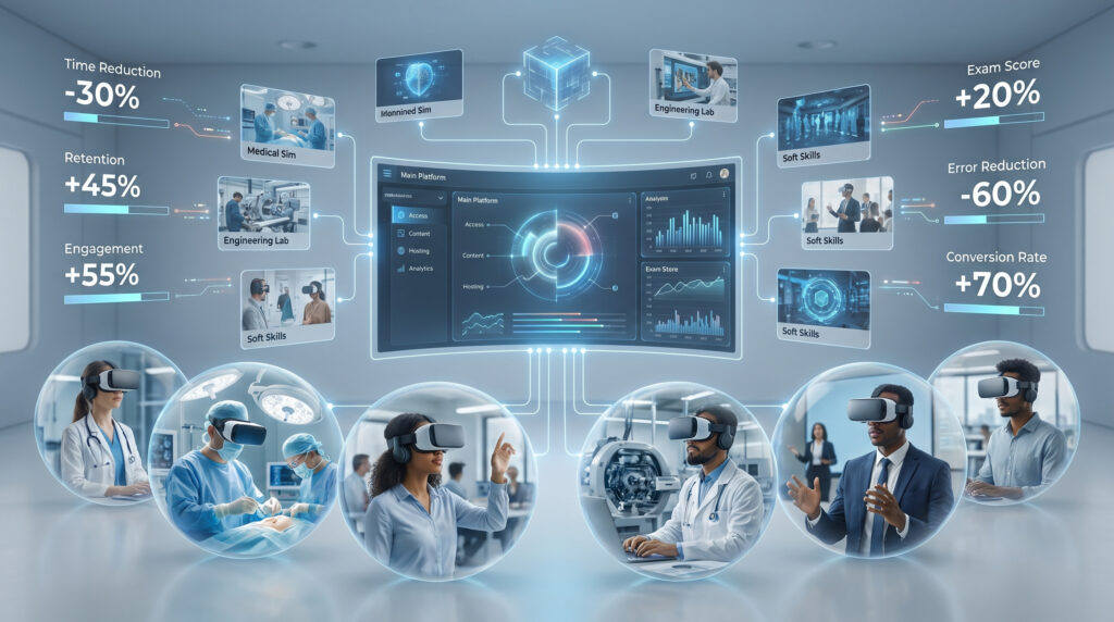 Piattaforma di formazione VR modulare. Al centro una dashboard digitale moderna che rappresenta il sistema principale (accessi, contenuti, hosting, analytics). Attorno, moduli separati e collegati che simboleggiano percorsi formativi VR scalabili e attivabili singolarmente.