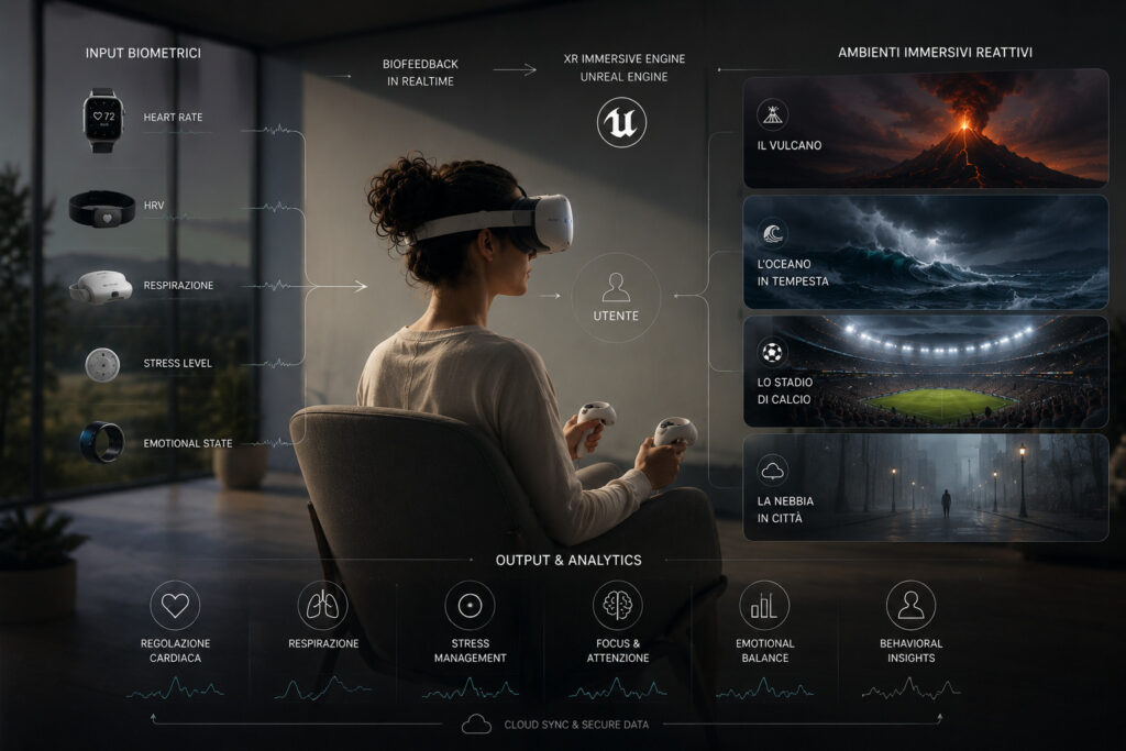 Workflow Become Donna con visore VR che utilizza una piattaforma immersiva di biofeedback e realtà virtuale data-driven, con ambienti XR reattivi basati su parametri fisiologici realtime come frequenza cardiaca, respirazione e livello di stress. Visualizzazione chiara di scenari immersivi dinamici (vulcano, oceano in tempesta, stadio di calcio, città nella nebbia) collegati a un sistema XR intelligente per emotional regulation e mental training. Stile realistico, pulito, tecnologico, senza effetti eccessivamente luminosi o grafici complessi, atmosfera professionale e minimalista