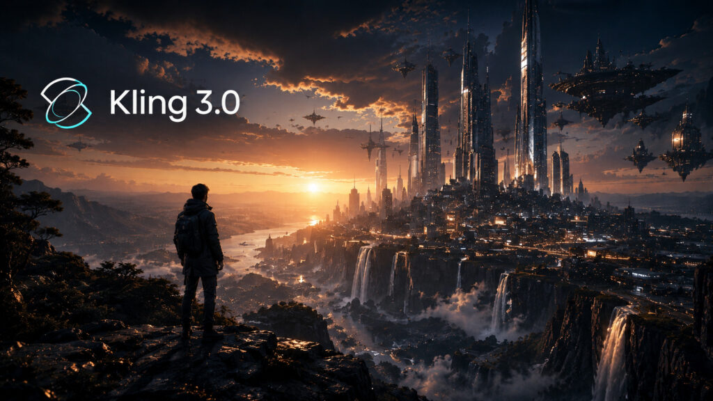 Kling 3.0 rappresentato in un ambiente cinematografico premium con focus su fluidità narrativa, controllo del movimento e storytelling visivo dinamico.