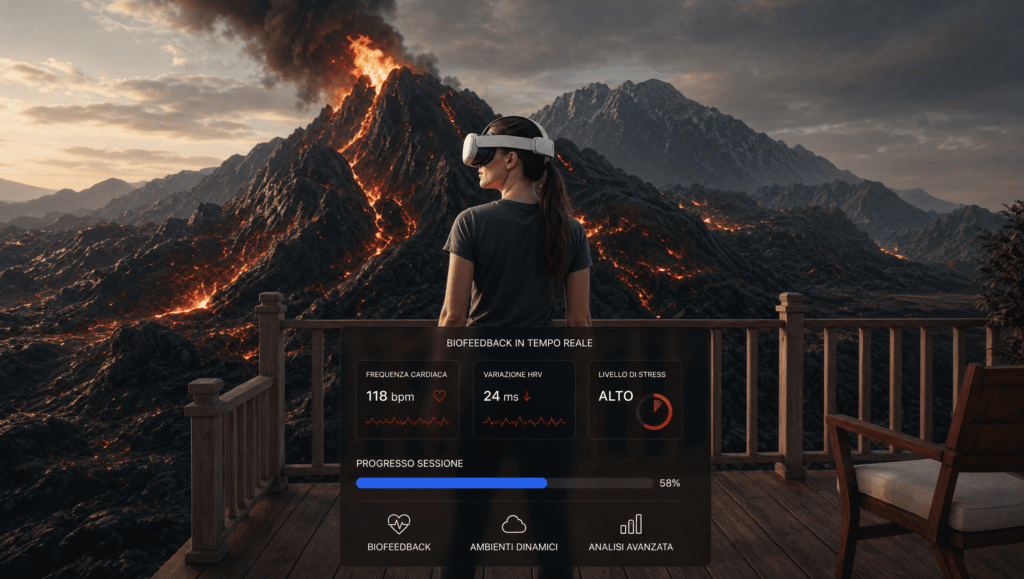 Il Vulcano in Eruzione Esperienza immersiva in realtà virtuale con scenario di eruzione vulcanica dinamica, integrata con biofeedback e data analytics per il monitoraggio della risposta emotiva e fisiologica in tempo reale. Simulazione VR ad alto impatto emozionale progettata per training cognitivo, regolazione dello stress e controllo dell’attenzione attraverso ambienti interattivi adattivi.