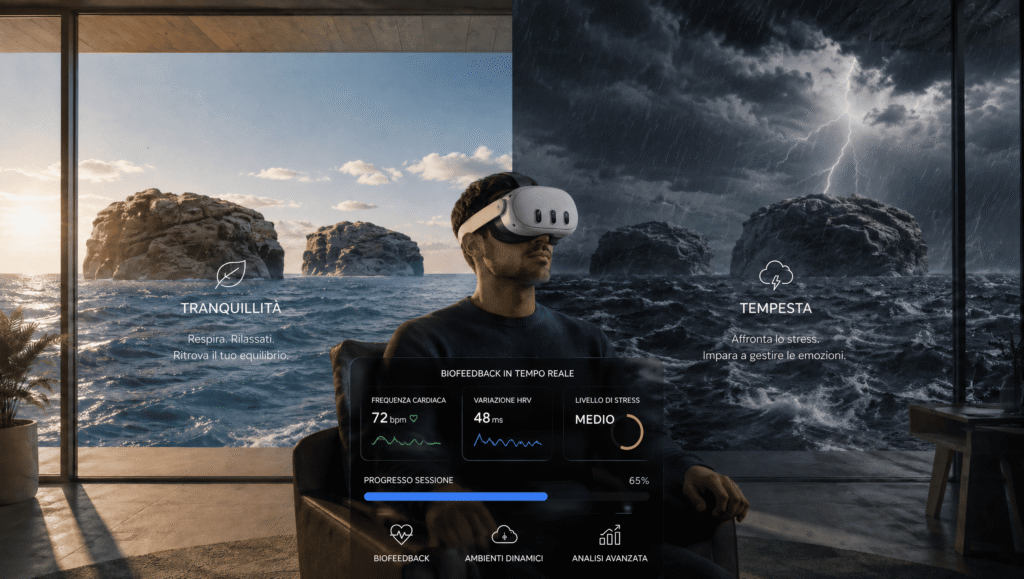 L'Oceano in Tempesta Esperienza immersiva in realtà virtuale con scenario di oceano in tempesta dinamico, integrata con biofeedback e data analytics per il monitoraggio delle reazioni emotive e fisiologiche in tempo reale. Simulazione VR ad alta intensità progettata per allenare gestione dello stress, concentrazione e regolazione emotiva attraverso ambienti adattivi e interazioni immersive.