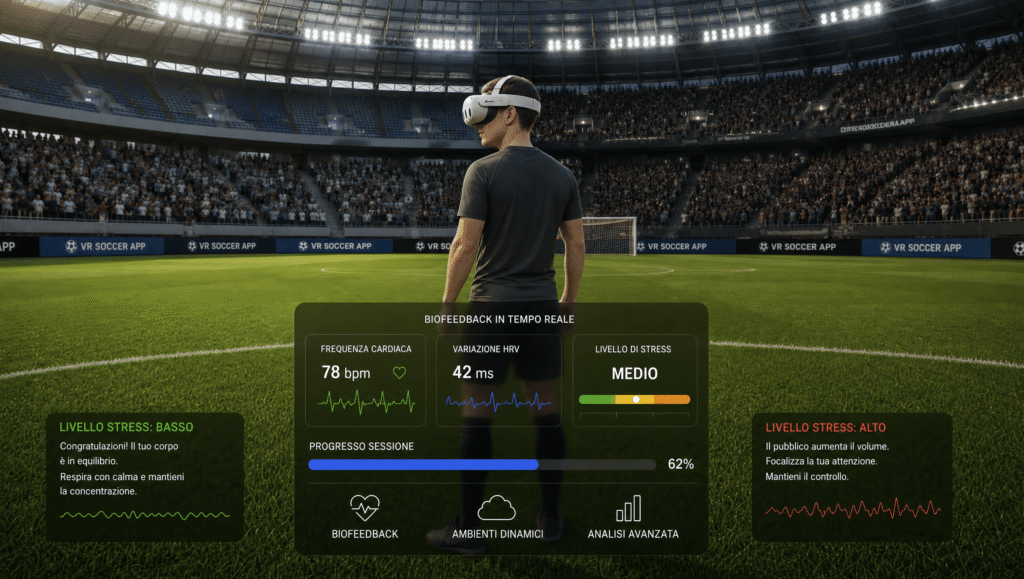 LoStadio Esperienza immersiva in realtà virtuale ambientata in uno stadio ad alta intensità emotiva, integrata con biofeedback e data analytics per il monitoraggio delle risposte fisiologiche e cognitive in tempo reale. Simulazione VR progettata per allenare gestione dello stress, attenzione e controllo emotivo attraverso scenari dinamici con folla, rumore e pressione ambientale adattiva.