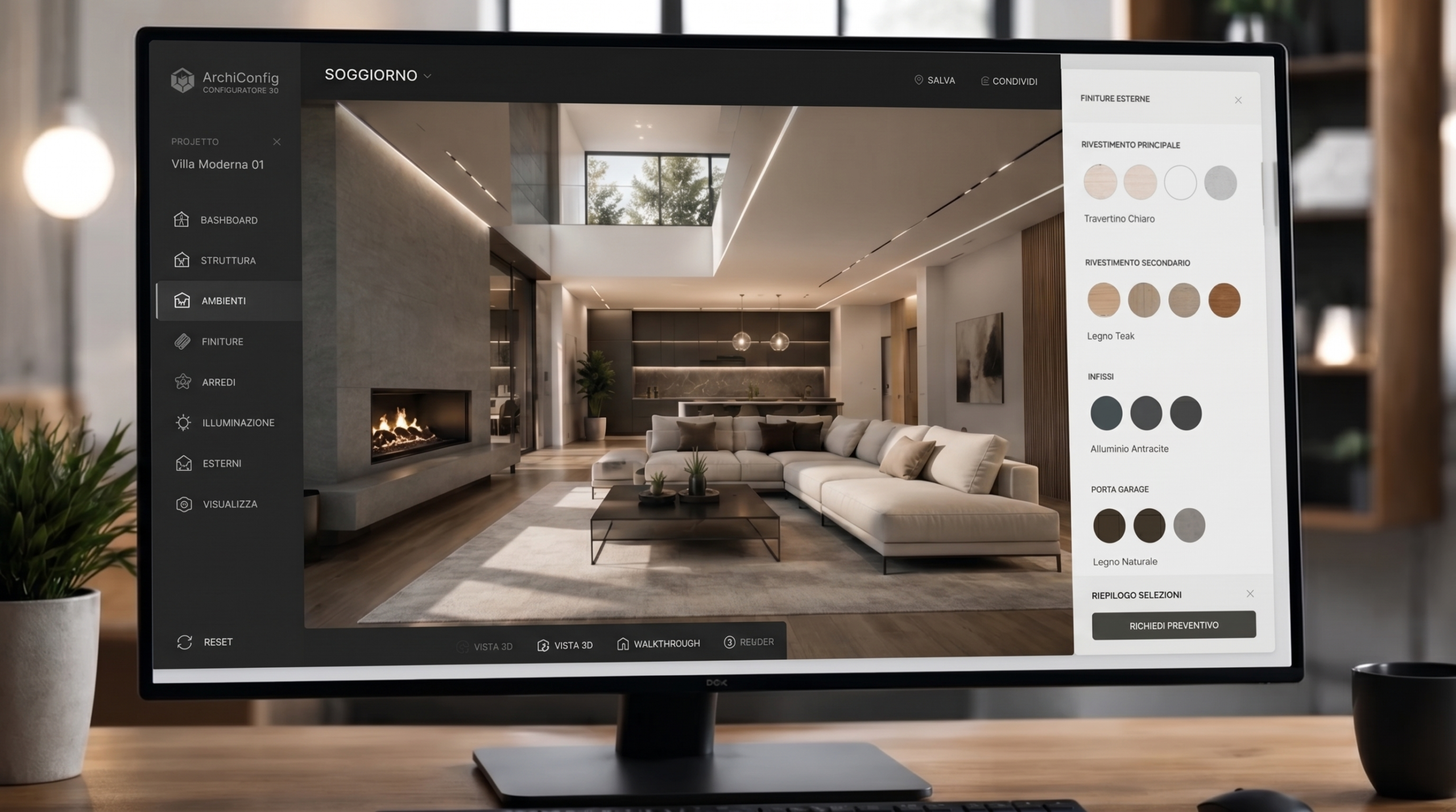 Configuratore 3D di oggetti d’arredo, che consente di cambiare materiali e modelli di un divano all’interno di uno spazio virtuale, offrendo un’esperienza interattiva per la personalizzazione degli interni.