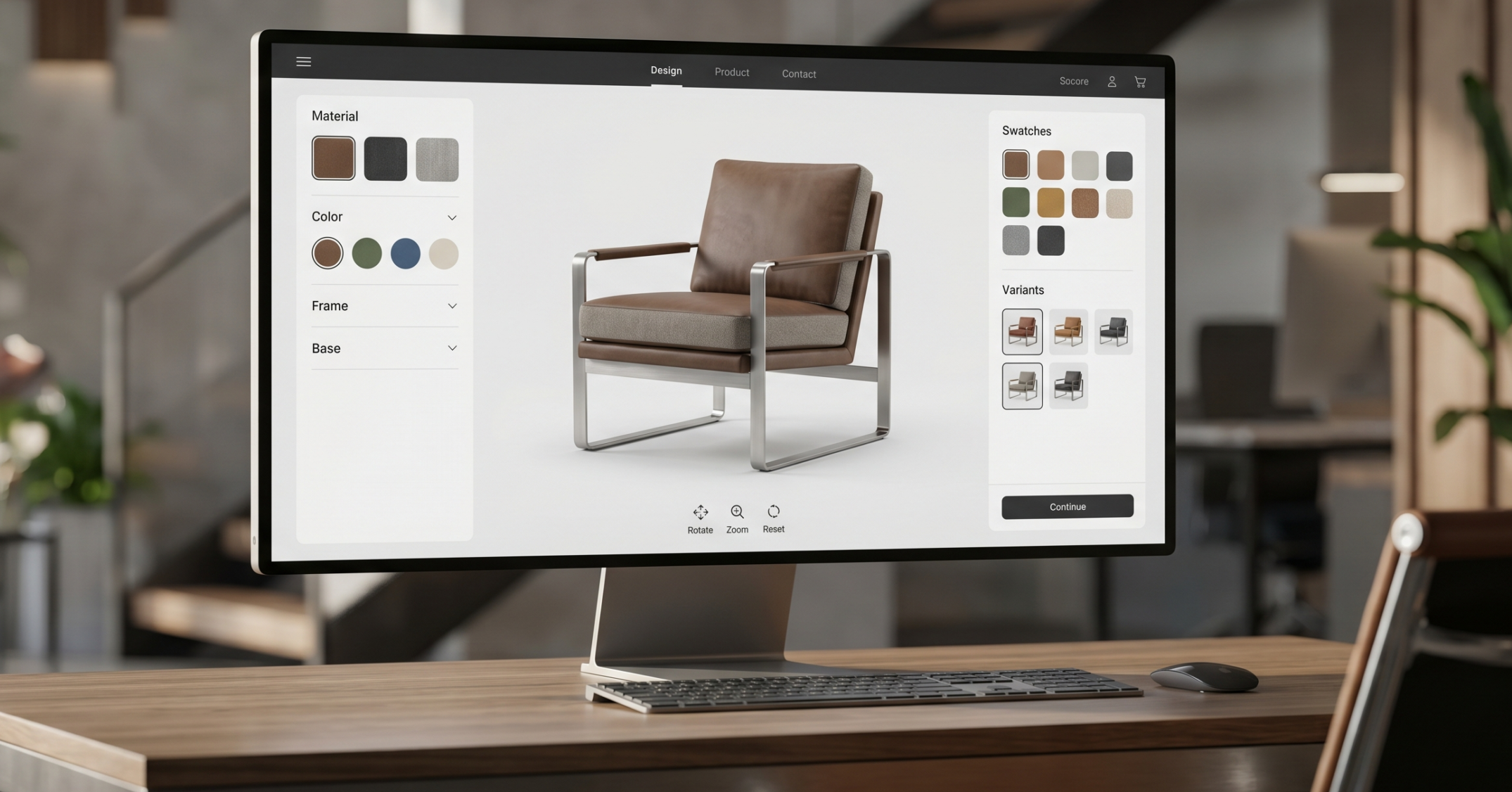 Configuratore di prodotto 3D visualizzato su uno schermo desktop, che permette di personalizzare un divano selezionando colori e materiali, ideale per migliorare l’esperienza di acquisto online.
