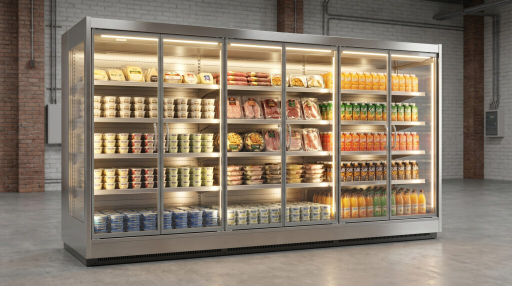 hf_20260512_100541_c0146a8c-2b86-4d1f-848f-deac446aa1eb Rendering 3D fotorealistico di frigorifero industriale per la Grande Distribuzione Organizzata, realizzato in CGI con dettagli ad alta precisione su materiali metallici, vetro e illuminazione LED, ambientato in contesto retail professionale per marketing e visualizzazione prodotto.