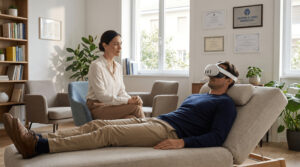 Psicologo Psicologo utilizza tecnologie immersive in realtà virtuale con biofeedback e data analytics durante una sessione di psicoterapia. Sistema VR progettato per supportare regolazione emotiva, gestione dello stress, training cognitivo e monitoraggio fisiologico in tempo reale in ambito clinico e terapeutico.