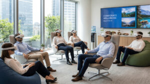 corporate Professionisti in ambiente corporate utilizzano esperienze immersive in realtà virtuale con biofeedback e data analytics per il wellbeing aziendale e la gestione dello stress. Soluzioni VR progettate per migliorare concentrazione, regolazione emotiva, performance e benessere psicofisico attraverso monitoraggio fisiologico e training immersivi personalizzati.