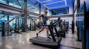 Palestra Atleti si allenano in palestra con esperienze immersive in realtà virtuale integrate a biofeedback e data analytics per il monitoraggio delle performance fisiche e cognitive. Tecnologia VR applicata a training sportivo, concentrazione, gestione dello stress e miglioramento delle capacità mentali attraverso scenari immersivi e analisi fisiologica in tempo reale.