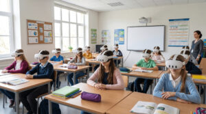 Studenti Studenti in ambienti scolastici interagiscono con esperienze immersive e strumenti digitali per l’apprendimento collaborativo e il coinvolgimento educativo.