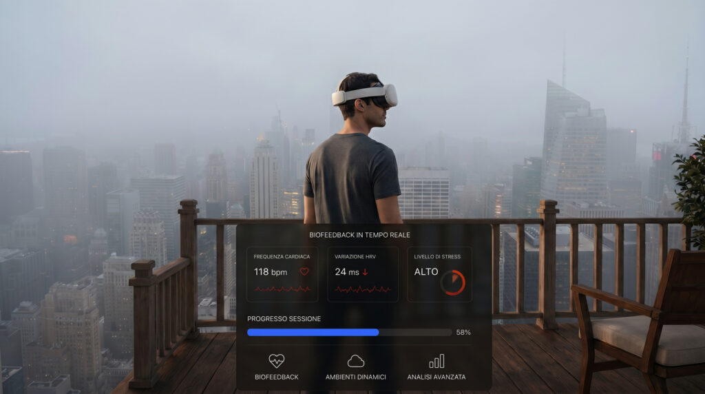 Nebbia Esperienza immersiva in realtà virtuale con scenario nella nebbia dinamica, integrata con biofeedback e data analytics per il monitoraggio delle risposte emotive e fisiologiche in tempo reale. Simulazione VR progettata per allenare gestione dell’ansia, attenzione e controllo emotivo attraverso ambienti immersivi ad alta tensione percettiva e atmosfera adattiva.