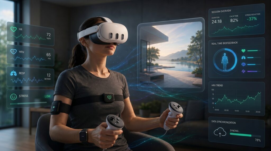 VR Become Donna seduta in un ambiente moderno mentre utilizza un visore VR Meta Quest con controller e sensori biometrici indossabili. Intorno a lei compaiono interfacce olografiche con dati fisiologici realtime come frequenza cardiaca, HRV, respirazione e livelli di stress. L’esperienza rappresenta una piattaforma XR immersiva e reattiva basata su biofeedback e analytics biometrici.