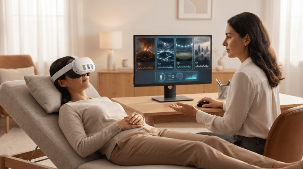 Utente con visore VR e sensori biometrici in ambiente XR immersivo interattivo