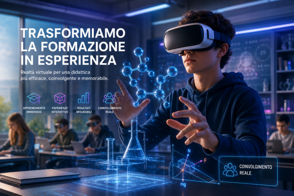 Aula universitaria moderna e luminosa con studenti seduti ai banchi che indossano visori VR durante una lezione. Un docente è in piedi davanti alla classe mentre spiega e gesticola, con un’immagine proiettata su uno schermo alle sue spalle. Gli studenti sono concentrati e alcuni hanno anche laptop e quaderni aperti sui tavoli.