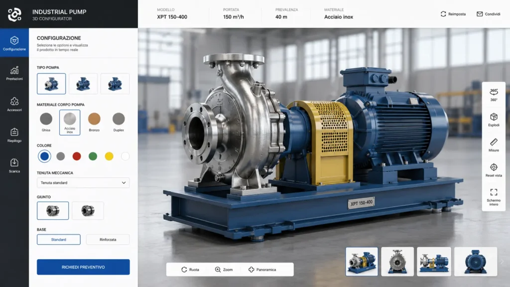 4658f2a7-ac13-46f8-98d1-b9af446b20c9 Configuratore 3D industriale per la personalizzazione di macchinari e componenti tecnici con visualizzazione interattiva in tempo reale e configurazione di materiali, accessori e specifiche di prodotto.
