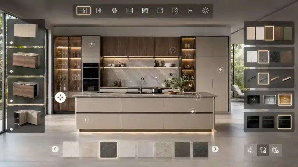 ChatGPT Image 16 giu 2026, 10_16_00 Configuratore 3D di cucina moderna premium con opzioni interattive per personalizzare materiali, finiture, moduli ed elettrodomestici in tempo reale. Rendering fotorealistico in showroom contemporaneo.