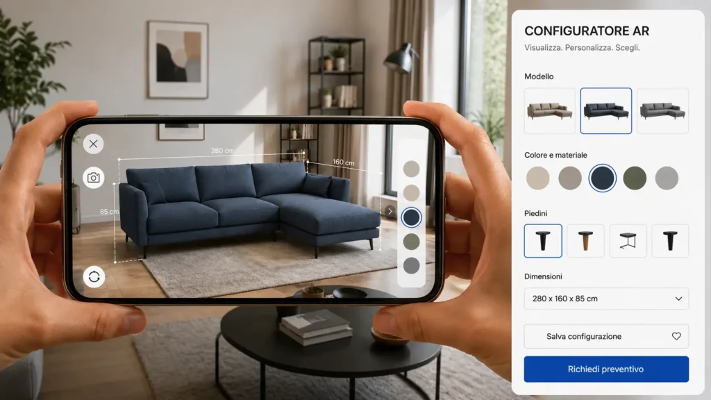 Configuratore ar Configuratore AR in realtà aumentata per la visualizzazione e personalizzazione di prodotti in ambiente reale tramite smartphone e tablet, ideale per e-commerce, retail e arredamento.