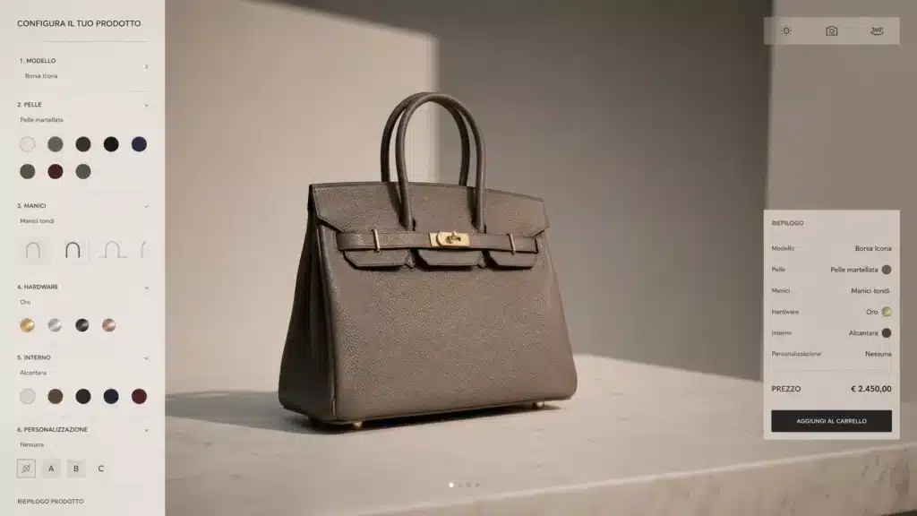 Interfaccia di configuratore 3D e-commerce per borsa di lusso con opzioni di personalizzazione materiali e colori