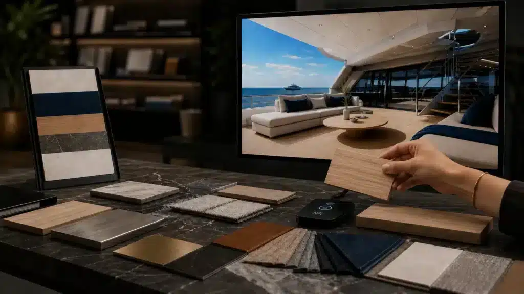 Selezione di materiali tramite campioni fisici NFC con visualizzazione in tempo reale degli interni di uno yacht in un configuratore 3D.
