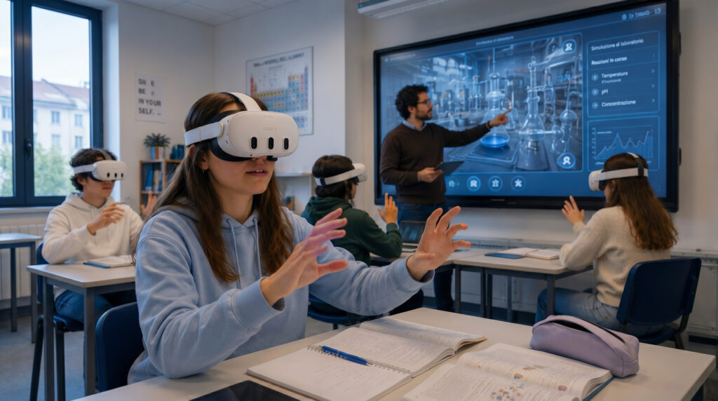 Scuola e Università Realtà Virtuale Esperienza educativa in realtà virtuale per formazione scolastica e universitaria con simulazioni immersive e partecipazione attiva degli studenti