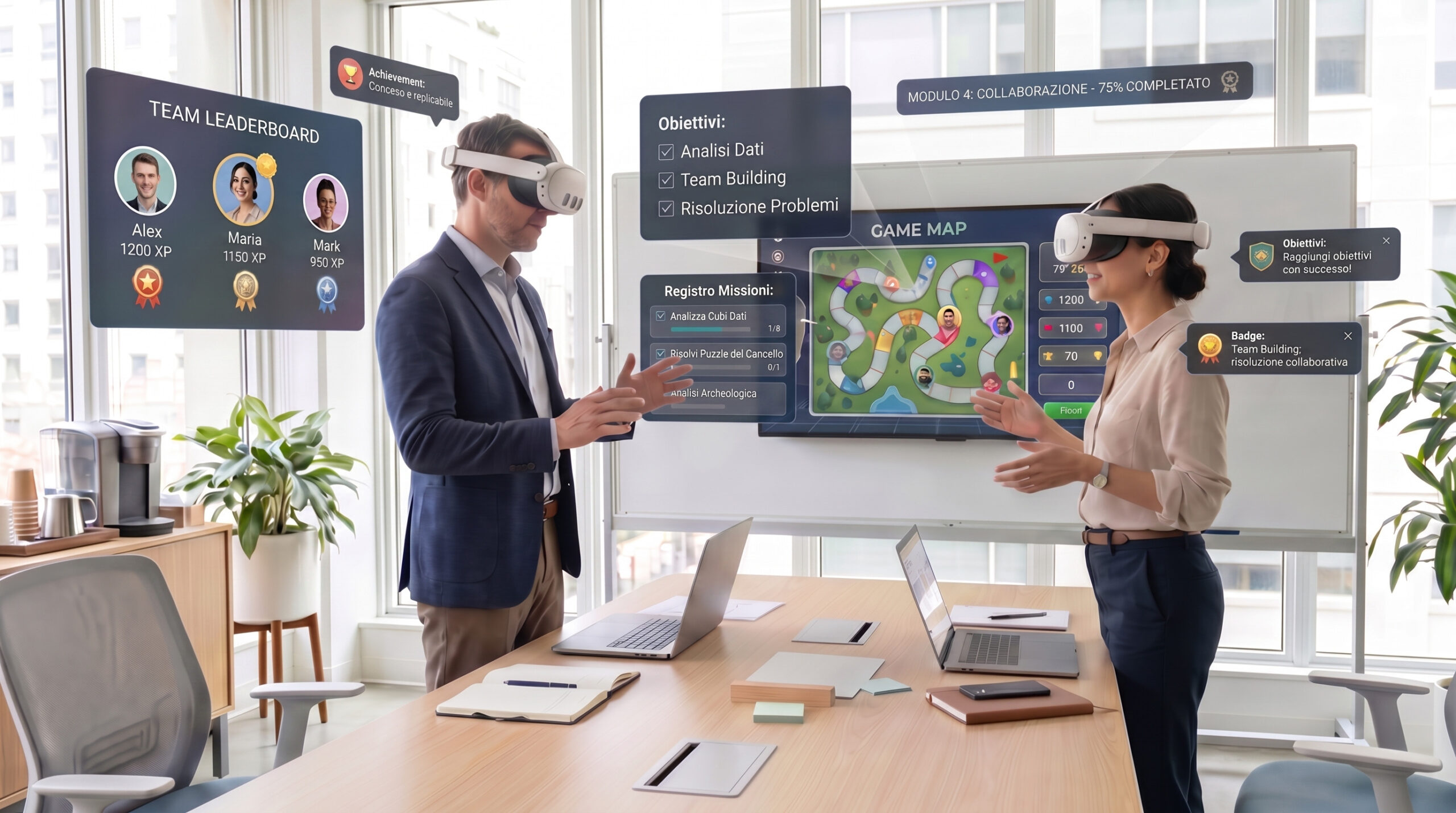Esperienze immersive che migliorano coinvolgimento, apprendimento e retention attraverso ambienti 3D, simulazioni e game design. Soluzioni VR su misura per education e corporate training.