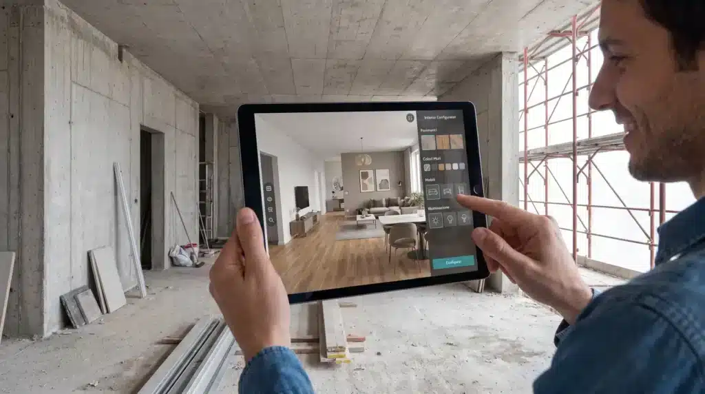 Uomo utilizza un tablet in un cantiere per configurare un ambiente interno in realtà aumentata, visualizzando pavimenti, colori, mobili e illuminazione in tempo reale.