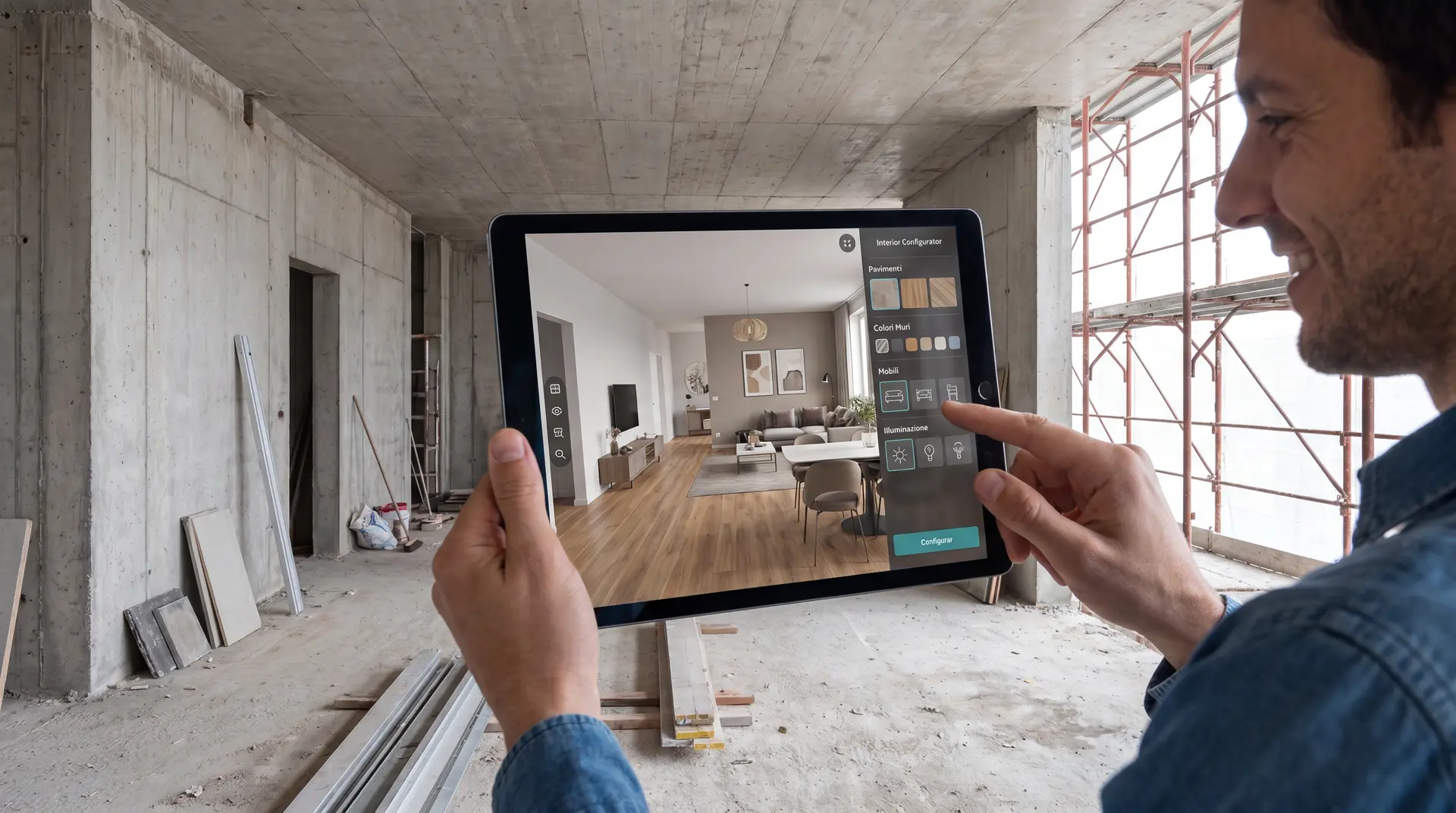 Uomo utilizza un tablet in un cantiere per configurare un ambiente interno in realtà aumentata, visualizzando pavimenti, colori, mobili e illuminazione in tempo reale.