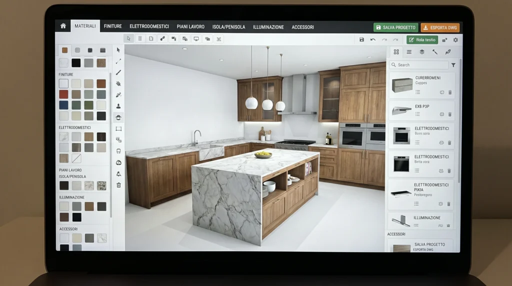 hf_20260616_132438_e6dc1460-1cfb-4cda-b77c-c7330bf13e56 Configuratore 3D web per la personalizzazione di una cucina moderna con visualizzazione interattiva di materiali, finiture, colori e componenti direttamente online tramite browser.