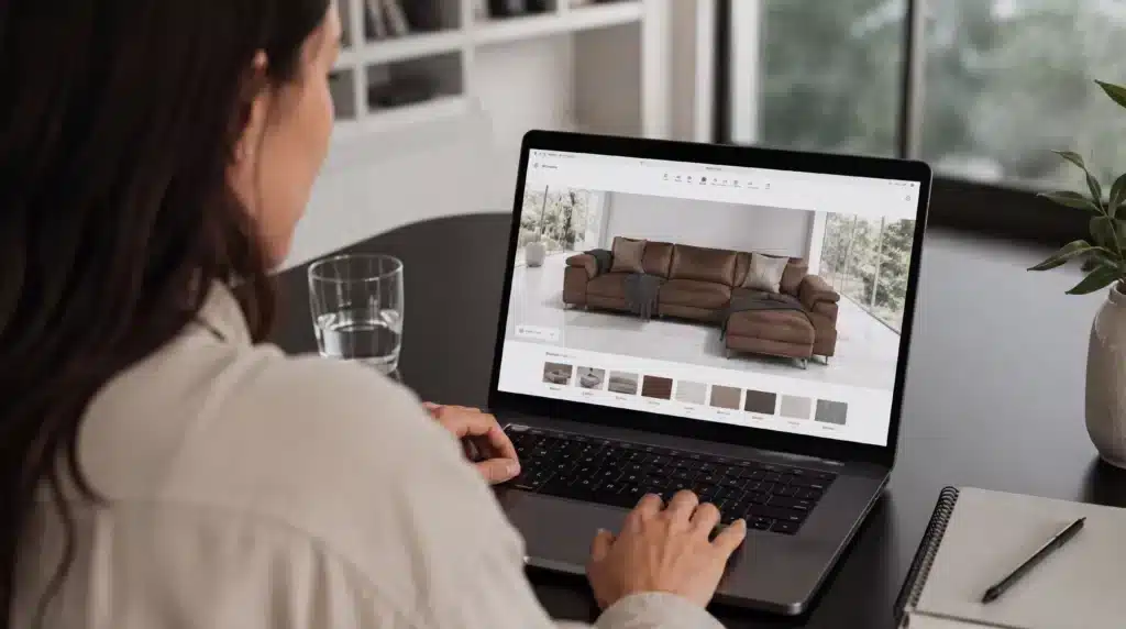 Configuratore 3D e-commerce divano modulare personalizzabile online con rendering interattivo e scelta materiali