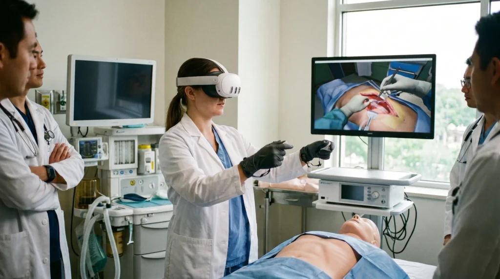 hf_20260618_134935_5227a113-b91f-40d7-9193-f023a7064992 Sistema di realtà virtuale in ambiente sanitario utilizzato per la formazione clinica, la simulazione di procedure e l’addestramento medico