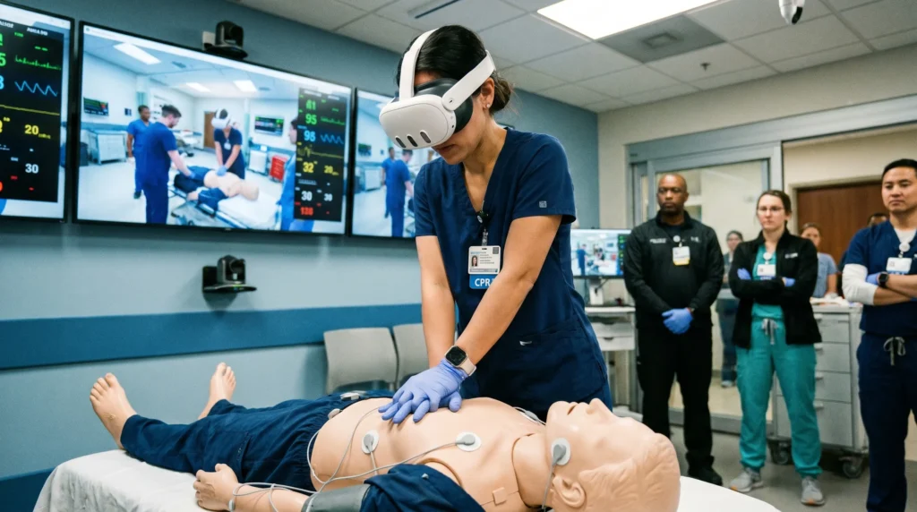 hf_20260618_135611_60317081-94d1-4534-be3c-69c202ef9f8b Medico che utilizza un visore di realtà virtuale per esercitazioni cliniche immersive in un contesto sanitario innovativo