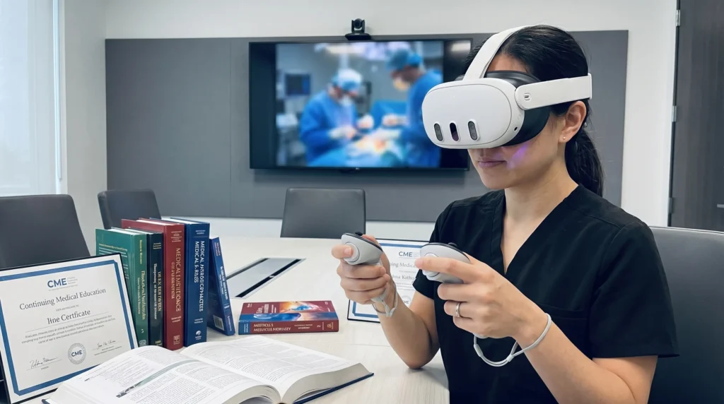 hf_20260618_142436_66602f5b-9274-4dea-bcca-58c37a21eece Sessione di formazione universitaria sanitaria con tecnologia VR per simulare scenari clinici realistici destinati a studenti di medicina e infermieristica