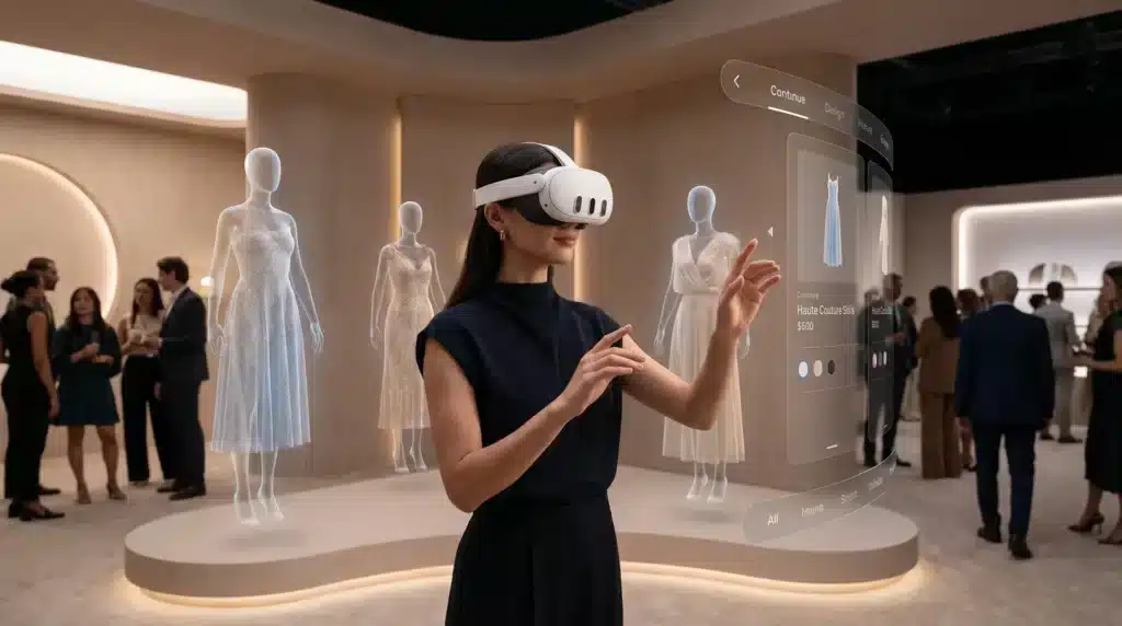 hf_20260619_125959_a515ac62-ea8f-4fe9-92b2-ade2f9895e24 Scena realistica in evento fieristico moda luxury, utente con visore VR Quest 3 che esplora un negozio virtuale di alta moda, capi su manichini digitali fluttuanti, interfaccia VR elegante e minimal, ambiente moderno, pubblico sullo sfondo leggermente sfocato, stile fotografico editoriale