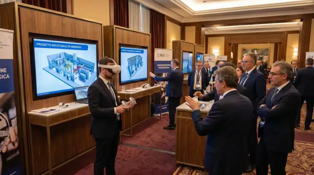hf_20260619_133031_3ddc2ed3-2a4d-4c21-8122-46540ee4c118 Esperienza immersiva in realtà virtuale durante un evento aziendale con visore VR e interazione digitale.