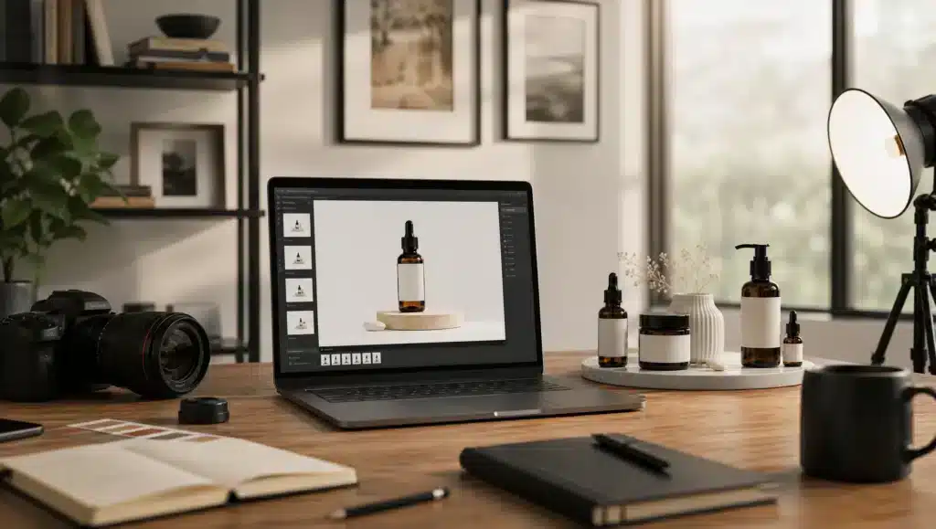 Rendering 3D per e-commerce di prodotti cosmetici con varianti packaging per cataloghi digitali e schede prodotto online.