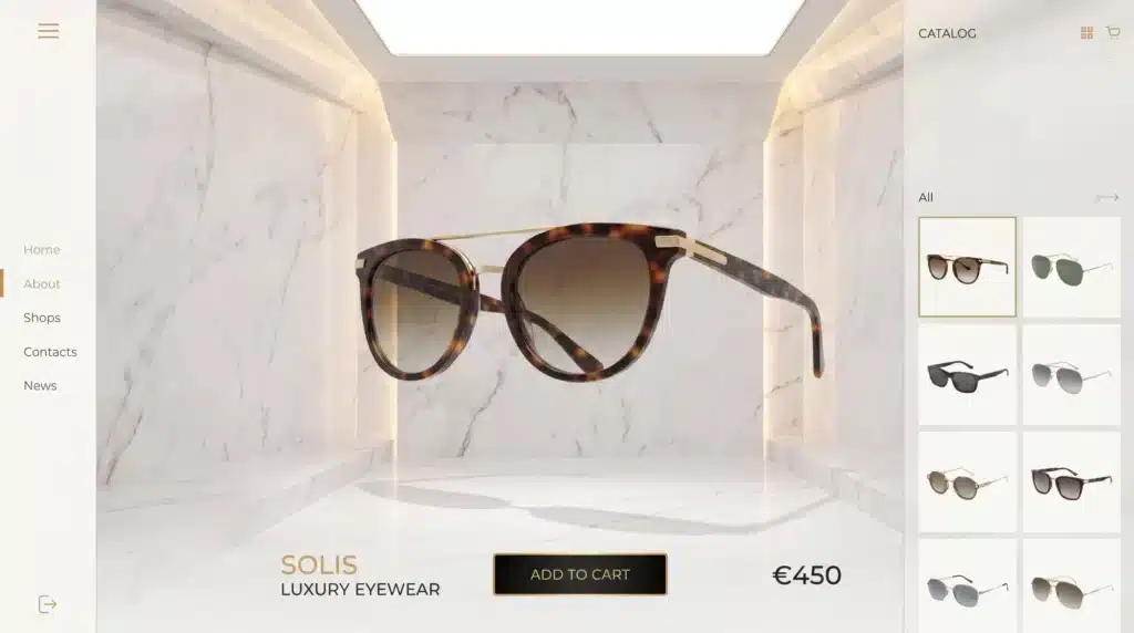 hf_20260622_091238_8fc71125-d2e8-4298-995d-c1c12950f79d Rendering 3D fotorealistico per e-commerce che mostra varianti di occhiali da sole generate da un unico modello 3D per cataloghi digitali e schede prodotto online.