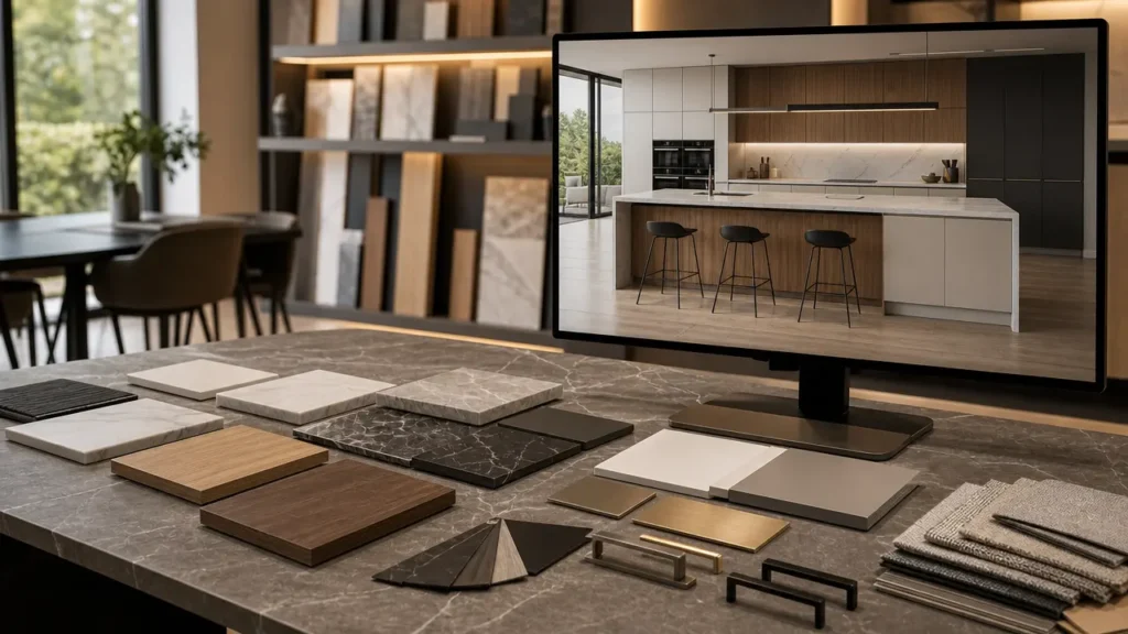Configuratore di materiali per showroom con campioni fisici e visualizzazione 3D di una cucina personalizzabile.