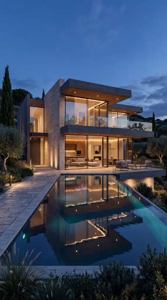Architettura Villa contemporanea con piscina rappresentata attraverso rendering architettonico fotorealistico